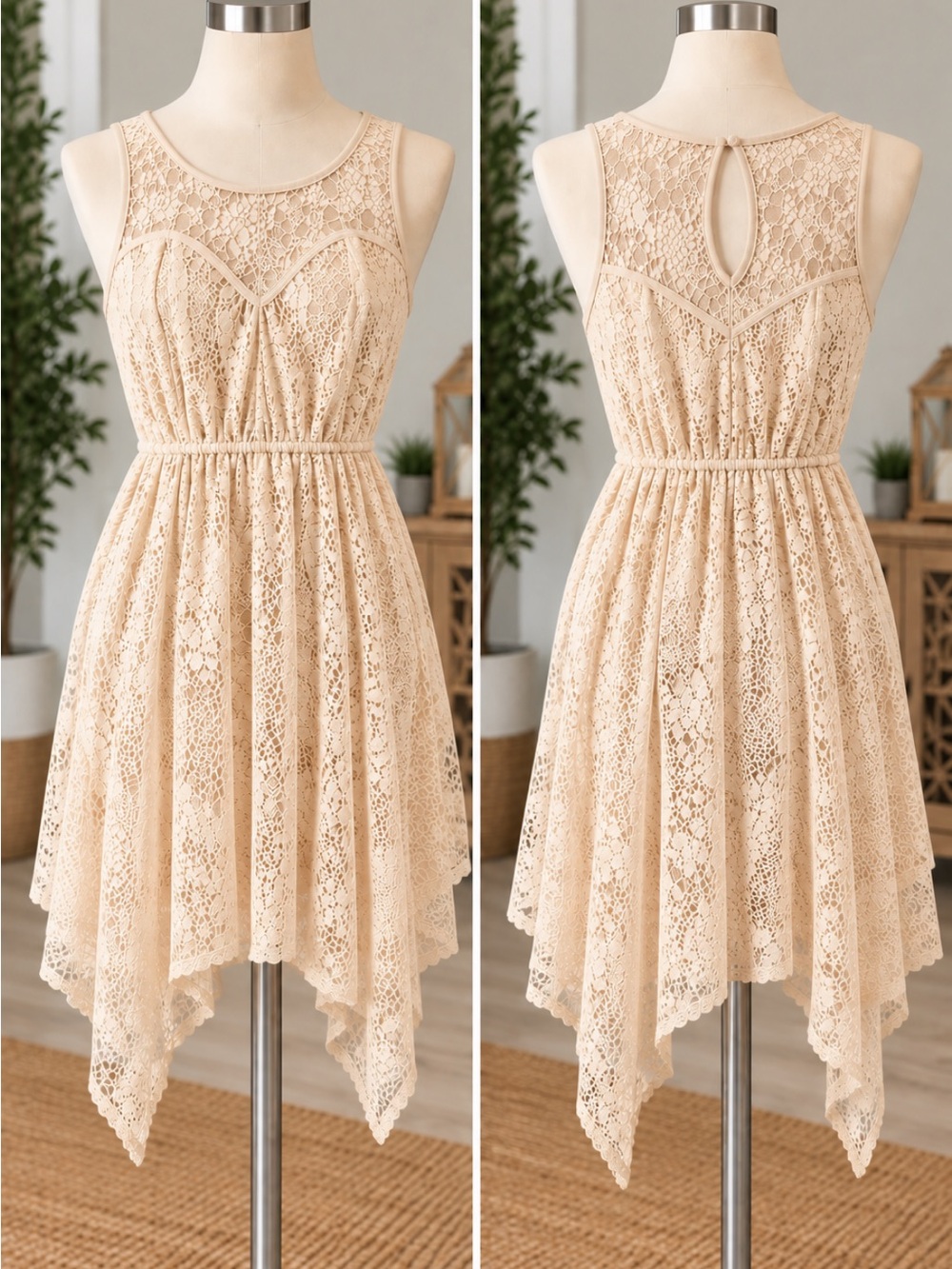 NOBO Beige Lace Asymmetrical Handkerchief Hem Dress